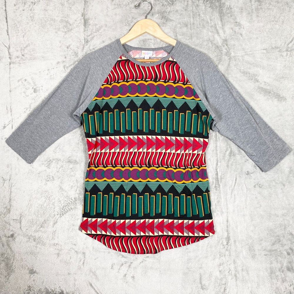 Lula Roe‎ 3/4 Patterned Sleeve Large L Polyester Pullover Crew Neck Shirt